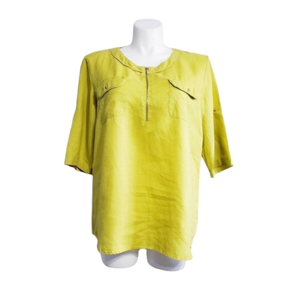 Ellen Tracy top green linen 1/4 zip blouse XL
